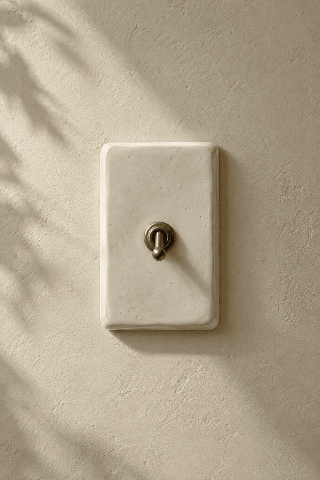 A chalk-glazed ceramic single toggle with aged brass hardware on a warm lime-plaster wall.