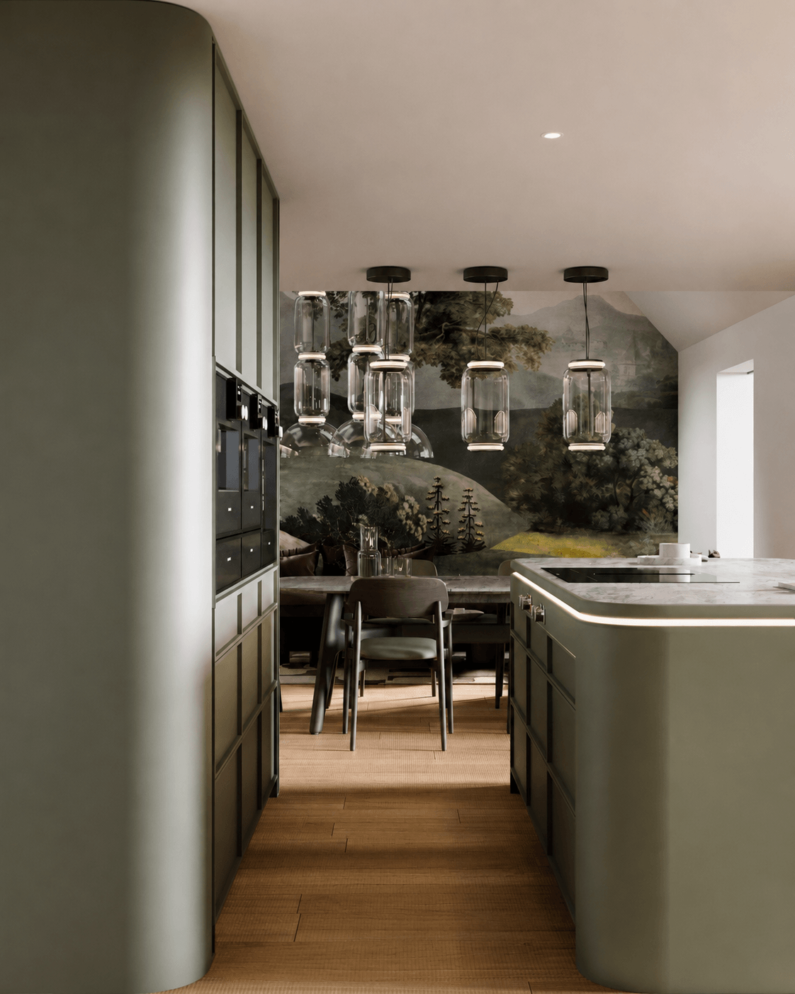 A view through olive kitchen cabinetry toward a dining area with sculptural glass pendants and a landscape wall.
