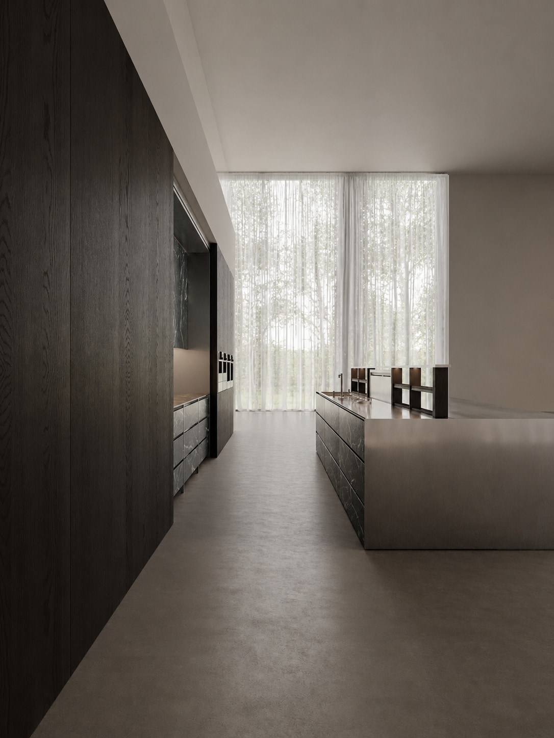 A dark kitchen island beside full-height curtains lit by daylight, seen in a narrow vertical framing.