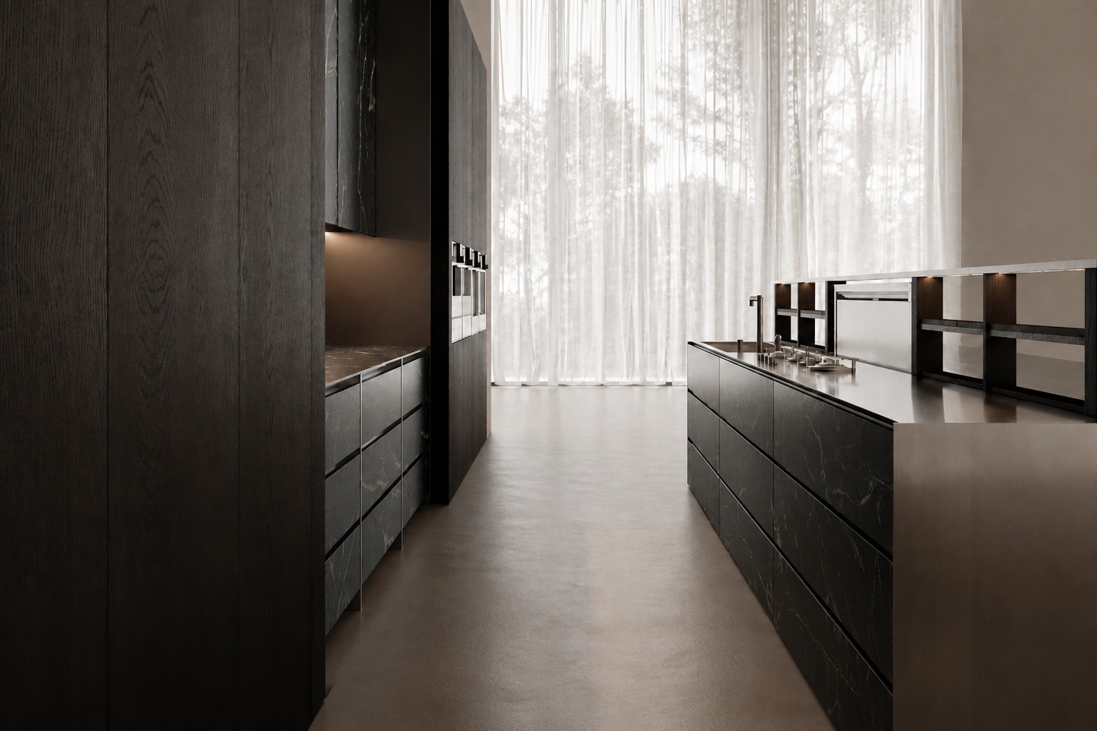 A dark oak kitchen run leading toward full-height sheer curtains, with trees visible through the glazing beyond.