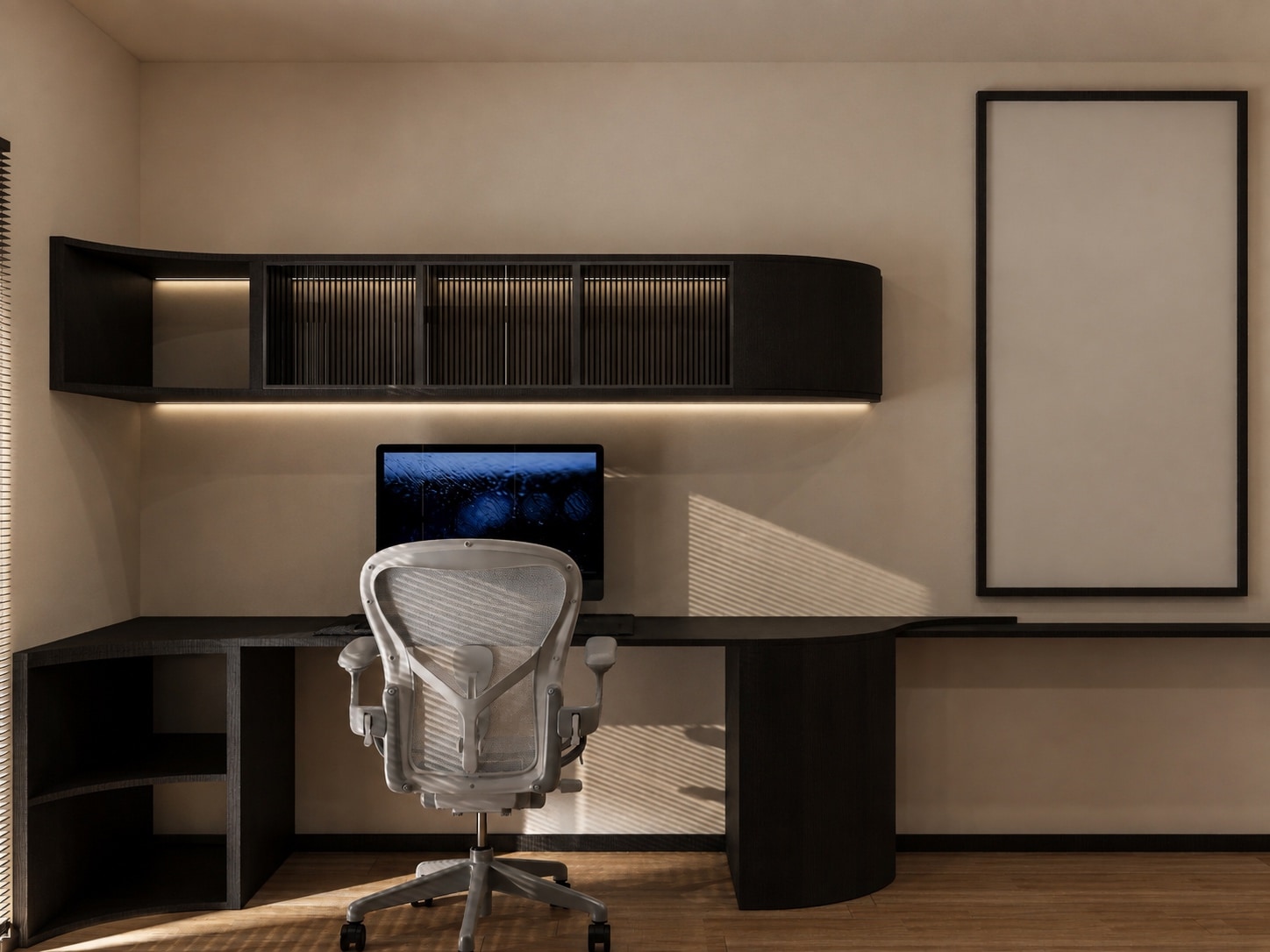 A built-in desk with a floating dark cabinet above it, a mesh desk chair, and an empty picture frame on the wall.