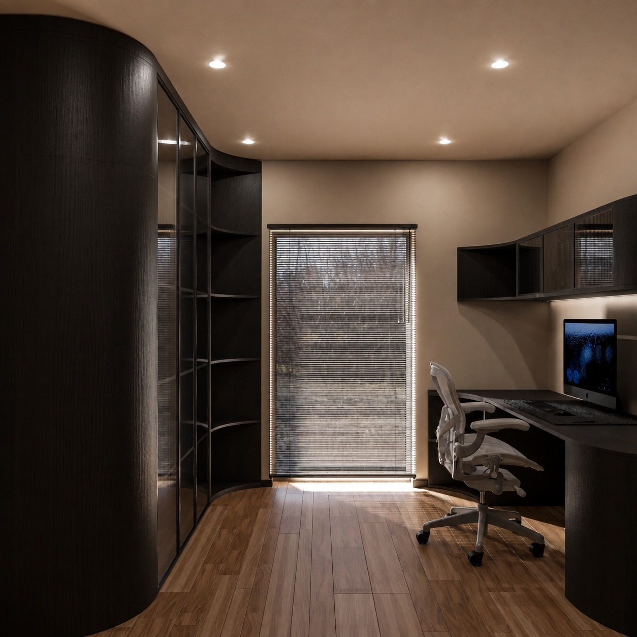 A curved dark wood cabinet with open shelving beside a rain-streaked window, with a desk and chair opposite.
