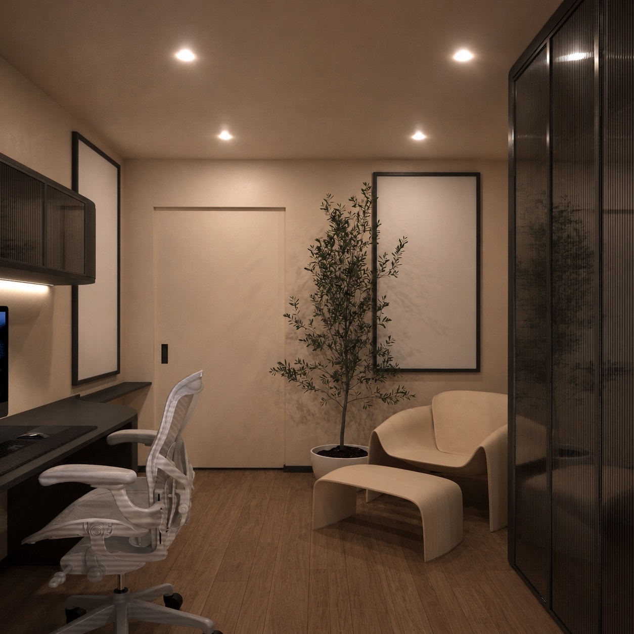 A study with a built-in desk, a curved dark wood cabinet, and a reading corner with a cream lounge chair and an olive tree.