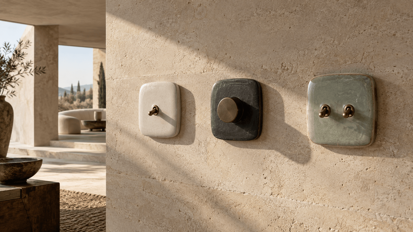 Three hand-glazed ceramic electrical controls displayed on a sunlit limestone wall.