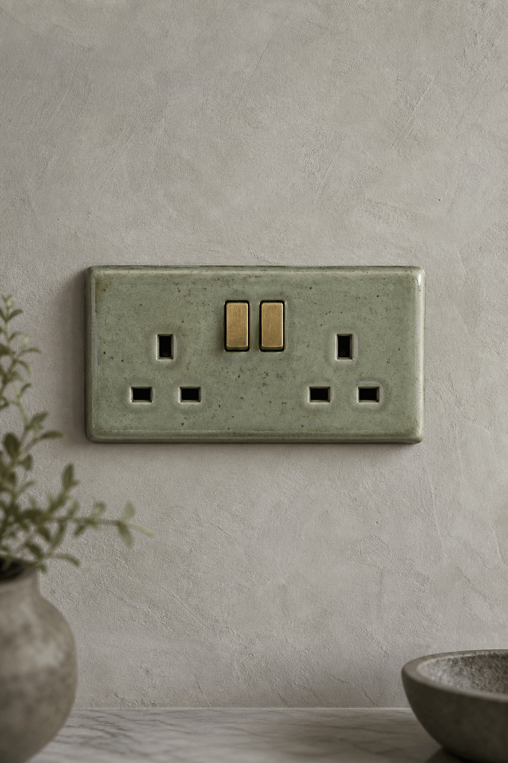 A celadon-glazed ceramic double socket with aged brass switches on a mineral-grey wall.