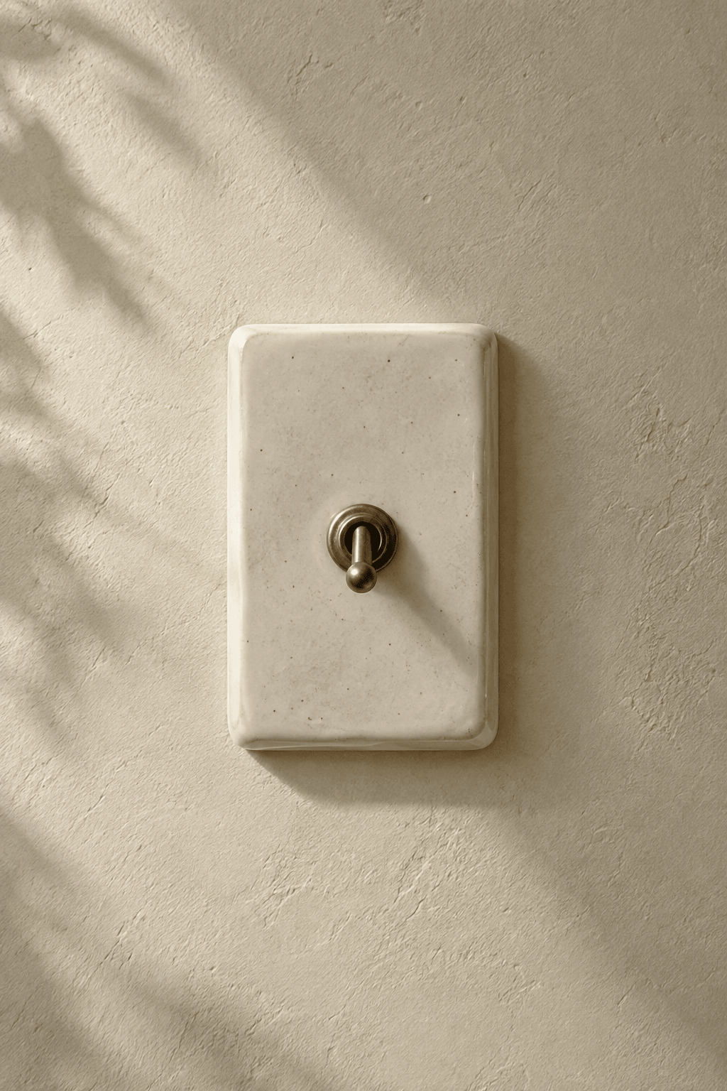 A chalk-glazed ceramic single toggle with aged brass hardware on a warm lime-plaster wall.